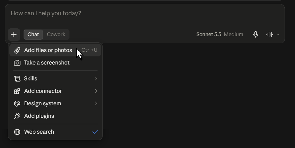 The Claude message box with the plus menu open, showing Add files or photos at the top of the list.