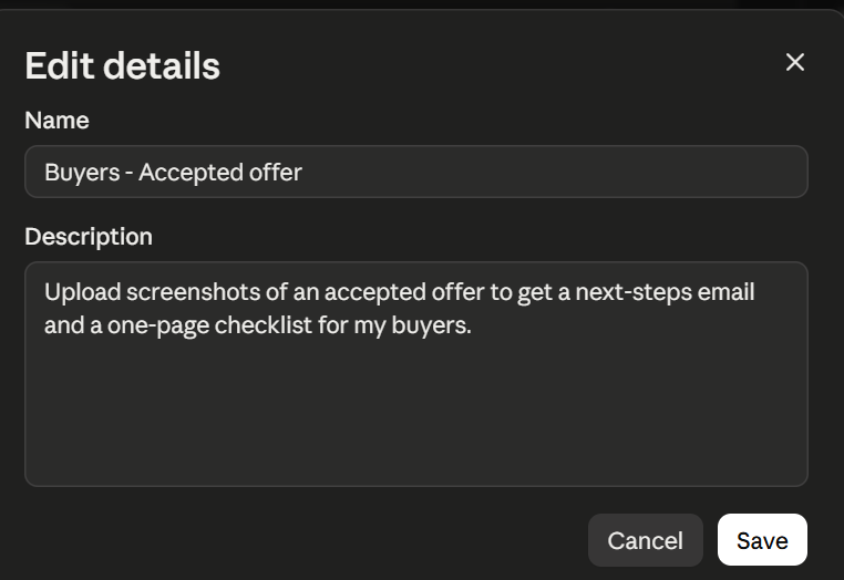 The project details dialog in Claude, with the Name field reading Buyers - Accepted offer and the description underneath it.